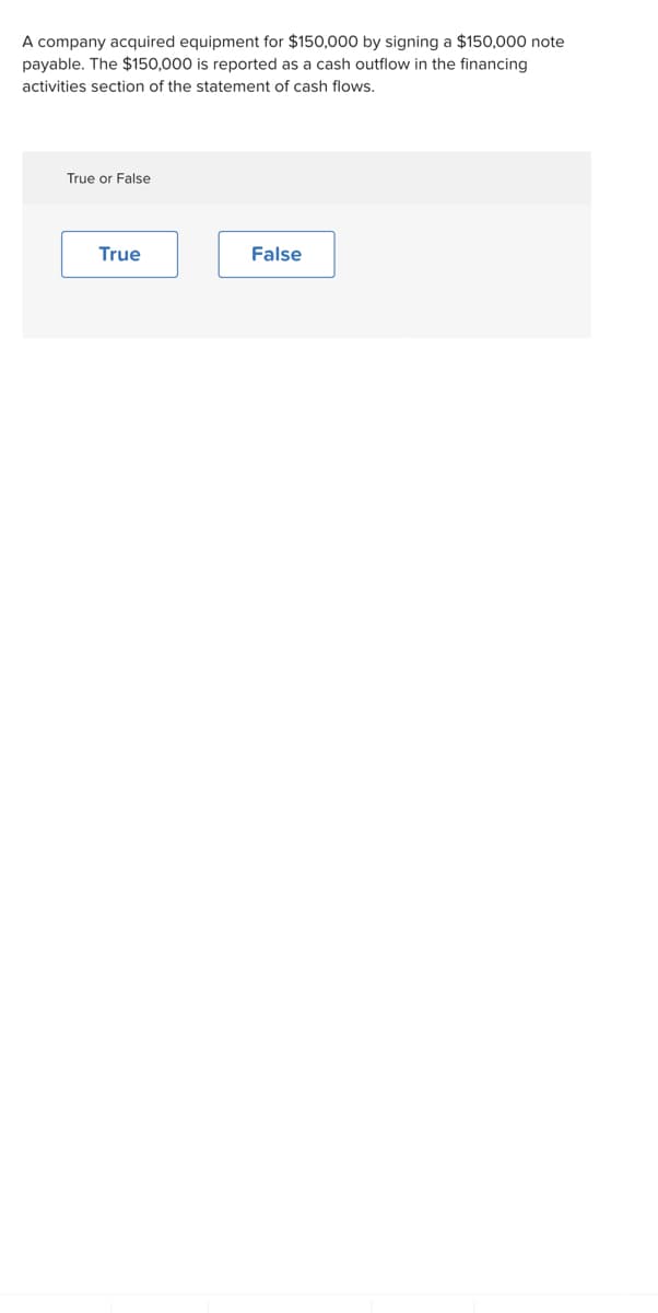 A company acquired equipment for $150,000 by signing a $150,000 note
payable. The $150,000 is reported as a cash outflow in the financing
activities section of the statement of cash flows.
True or False
True
False