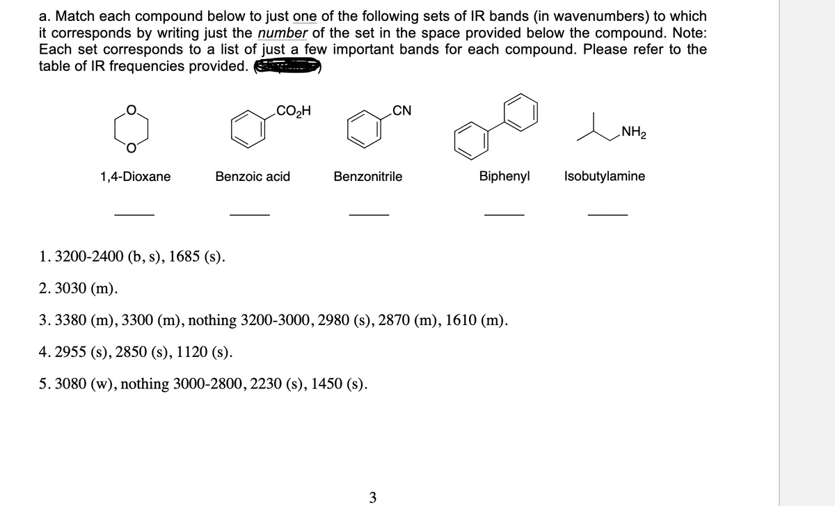 a. Match each compound below to just one of the following sets of IR bands (in wavenumbers) to which
it corresponds by writing just the number of the set in the space provided below the compound. Note:
Each set corresponds to a list of just a few important bands for each compound. Please refer to the
table of IR frequencies provided.
CO2H
CN
NH2
1,4-Dioxane
Benzoic acid
Benzonitrile
Biphenyl
Isobutylamine
1. 3200-2400 (b, s), 1685 (s).
2. 3030 (m).
3. 3380 (m), 3300 (m), nothing 3200-3000, 2980 (s), 2870 (m), 1610 (m).
4. 2955 (s), 2850 (s), 1120 (s).
5. 3080 (w), nothing 3000-2800, 2230 (s), 1450 (s).
3
