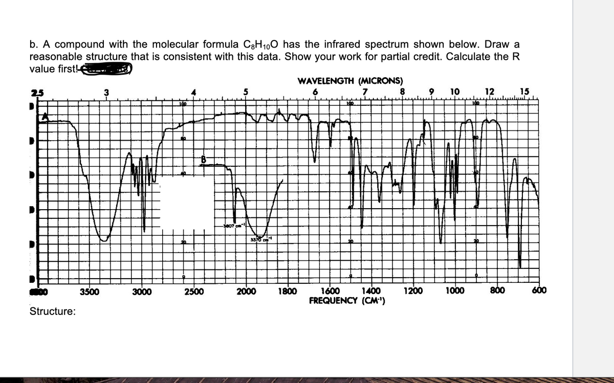 b. A compound with the molecular formula C3H100 has the infrared spectrum shown below. Draw a
reasonable structure that is consistent with this data. Show your work for partial credit. Calculate the R
value first!
WAVELENGTH (MICRONS)
25
3
7
8
9
10
12
15
100
5007 cm
3370 C
3500
3000
2500
2000
1800
1600
1400
1200
1000
800
600
FREQUENCY (CM')
Structure:
