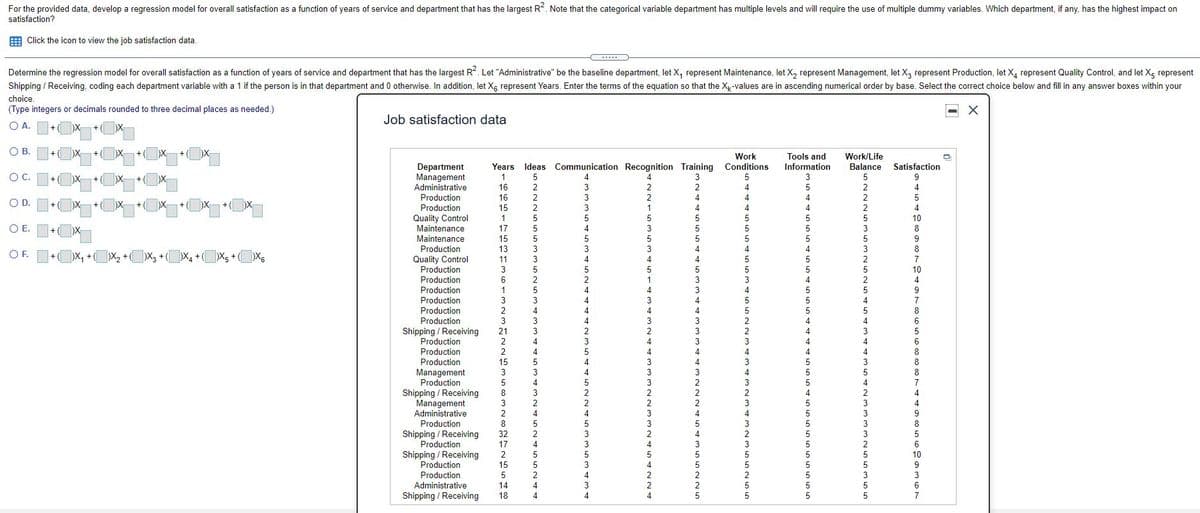 For the provided data, develop a regression model for overall satisfaction as a function of years of service and department that has the largest R. Note that the categorical variable department has multiple levels and will require the use of multiple dummy variables. Which department, if any, has the highest impact on
roduction
satisfaction?
Production
Production
E Click the icon to view the job satisfaction data.
Determine the regression model for overall satisfaction as a function of years of service and department that has the largest R. Let "Administrative" be the baseline department, let X, represent Maintenance, let X, represent Management, let X, represent Production, let X, represent Quality Control, and let Xg represent
Shipping / Receiving, coding each department variable with a 1 if the person is in that department and 0 otherwise. In addition, let Xe represent Years. Enter the terms of the equation so that the X-values are in ascending numerical order by base. Select the correct choice below and fill in any answer boxes within your
choice.
(Type integers or decimals rounded to three decimal places as needed.)
Job satisfaction data
O A.
О В.
Work
Tools and
Work/Life
Department
Management
Administrative
Years Ideas Communication Recognition Training Conditions
1
Information
Balance
Satisfaction
O C.
)X
5
16
16
15
2
Production
OD.
+(
Production
4
Quality Control
Maintonance
Maintenance
10
O E.
+ (
8
Maintenance
15
Production
13
OF.
+X, +(X, +X3 +(X4 + (X5 +(X6
Quality Control
Production
Production
Droduetion
Production
11
7
10
4
Production
9
Production
7
8
Production
6
Shipping
Receiving
6
Production
Production
8
8
Management
Shipping
Administrative
9
Production
Shipping / Receiving
Production
Production
17
6.
Shipping / Receiving
Production
10
15
9
Production
5
3
Administrative
14
4
6.
Shipping / Receiving
18
4
7
