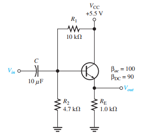 Vcc
+5.5 V
R1
10 kN
C
Ba = 100
Bpc = 90
%3D
10 μF
oV
out
RE
1.0 k2
R2
4.7 kN
