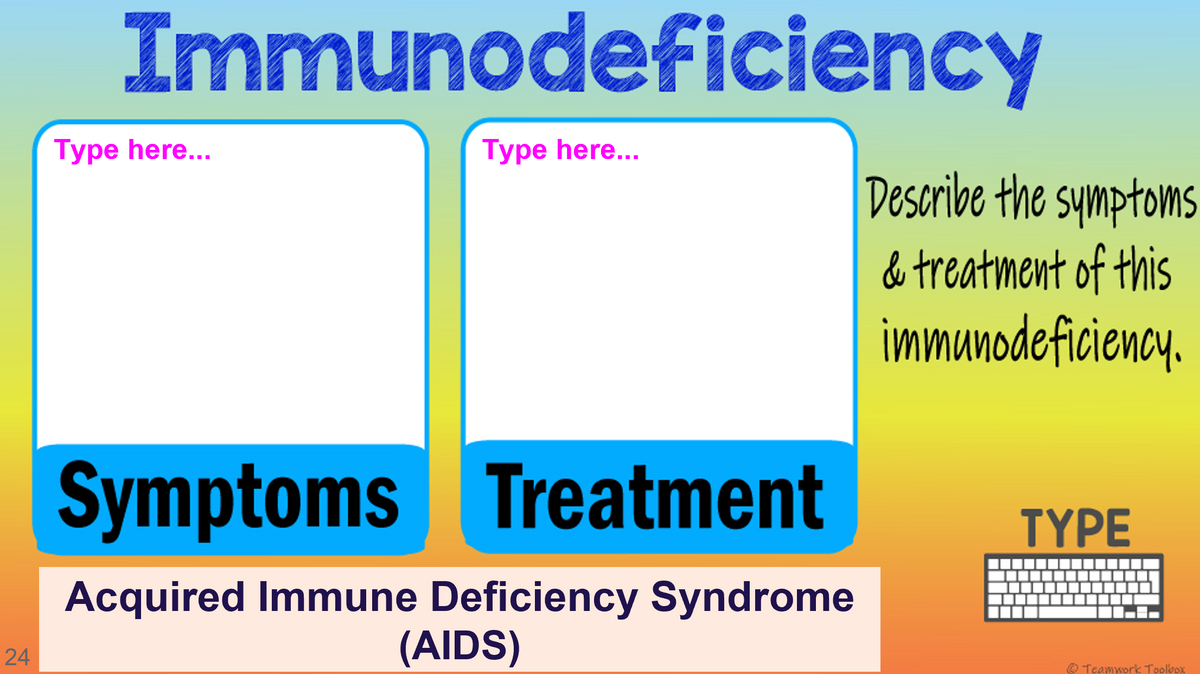 Immunodeficiency
Type here...
Type here...
Describe the symptoms
& treatment of this
immunodeficiency.
Symptoms Treatment
TYPE
Acquired Immune Deficiency Syndrome
(AIDS)
24
O Teamwork Toolbox
