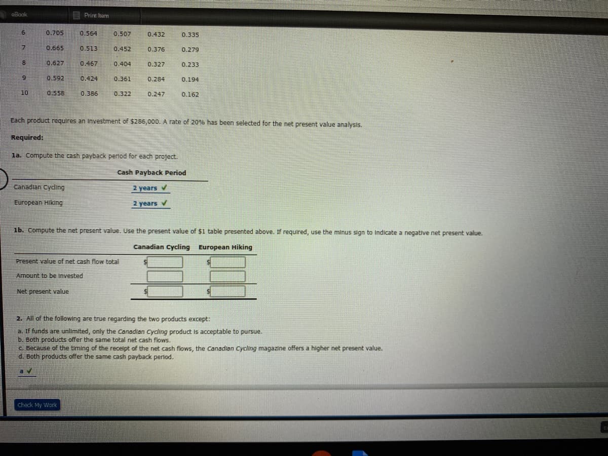 oBook
Print hem
0.705
0.564
0.507
0.432
0.335
7.
0.665
0.513
0.452
0.376
0.279
0.627
0.467
0.404
0.327
0.233
0.592
0.424
0.361
0.284
0.194
10
0.558
0.386
0.322
0.247
0.162
Each product requires an Investment of $256,000. A rate of 20% has been selected for the net present value analysis.
Required:
la. Compute the cash payback perlod for each project.
Cash Payback Period
Canadian Cycing
2 years v
European Hiking
2 years v
1b. Compute the net present value. Use the present value of $1 table presented above. If requlred, use the minus sign to Indicate a negative net present value.
Canadian Cycling European Hiking
Present value of net cash flow total
Amount to be Invested
Net present value
2. All of the following are true regarding the two products except:
a. If funds are unlimited, only the Canadian Cycling product Is acceptable to pursue.
b. Both products offer the same total net cash flows.
C. Because of the timing of the receipt of the net cash flows, the Canadian Cycling magazine offers a higher net present value.
d. Both products offer the same cash payback period.
Check My Work
