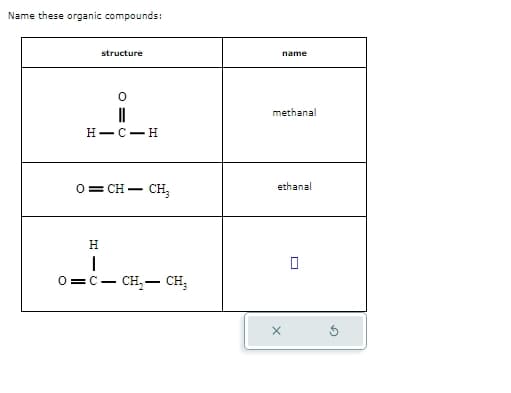 Name these organic compounds:
structure
||
H-C-H
name
methanal
0=CH–CH,
ethanal
H
O=C- -CH2-CH3