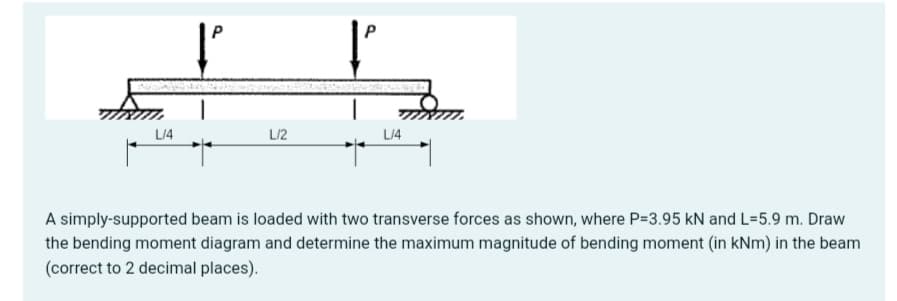 L/4
L/2
L/4
A simply-supported beam is loaded with two transverse forces as shown, where P=3.95 kN and L=5.9 m. Draw
the bending moment diagram and determine the maximum magnitude of bending moment (in kNm) in the beam
(correct to 2 decimal places).
