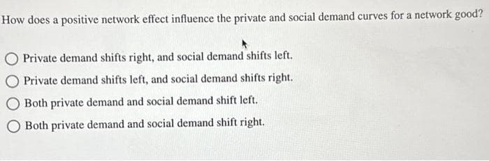 How does a positive network effect influence the private and social demand curves for a network good?
Private demand shifts right, and social demand shifts left.
Private demand shifts left, and social demand shifts right.
Both private demand and social demand shift left.
Both private demand and social demand shift right.