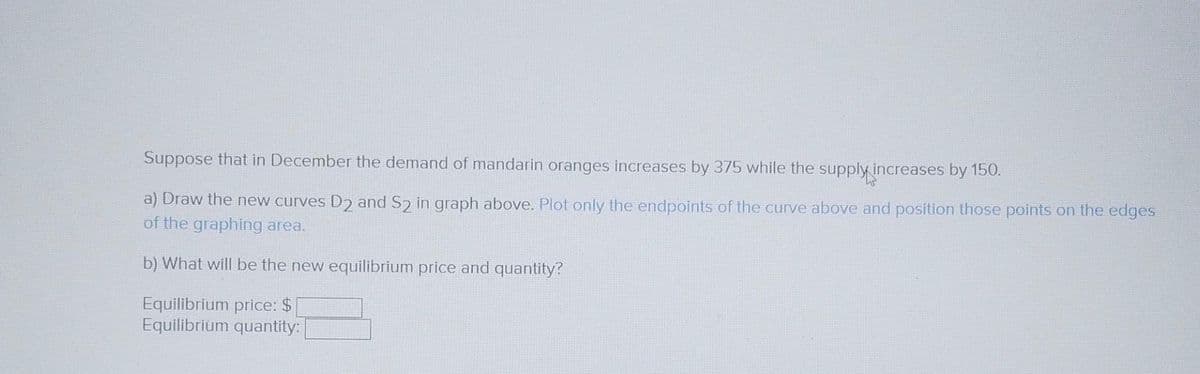 Suppose that in December the demand of mandarin oranges increases by 375 while the supply increases by 150.
a) Draw the new curves D2 and S2 in graph above. Plot only the endpoints of the curve above and position those points on the edges
of the graphing area.
b) What will be the new equilibrium price and quantity?
Equilibrium price: $
Equilibrium quantity: