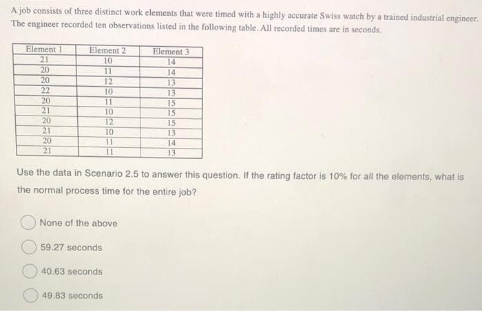 A job consists of three distinct work elements that were timed with a highly accurate Swiss watch by a trained industrial engineer.
The engineer recorded ten observations listed in the following table. All recorded times are in seconds.
Element 11
21
20
20
22
20
21
20
21
20
21
Element 2
10
11
12
10
11
10
12
10
11
11
Use the data in Scenario 2.5 to answer this question. If the rating factor is 10% for all the elements, what is
the normal process time for the entire job?
None of the above
59.27 seconds
40.63 seconds
Element 3
14
14
13
13
15
15
15
13
14
13
49.83 seconds