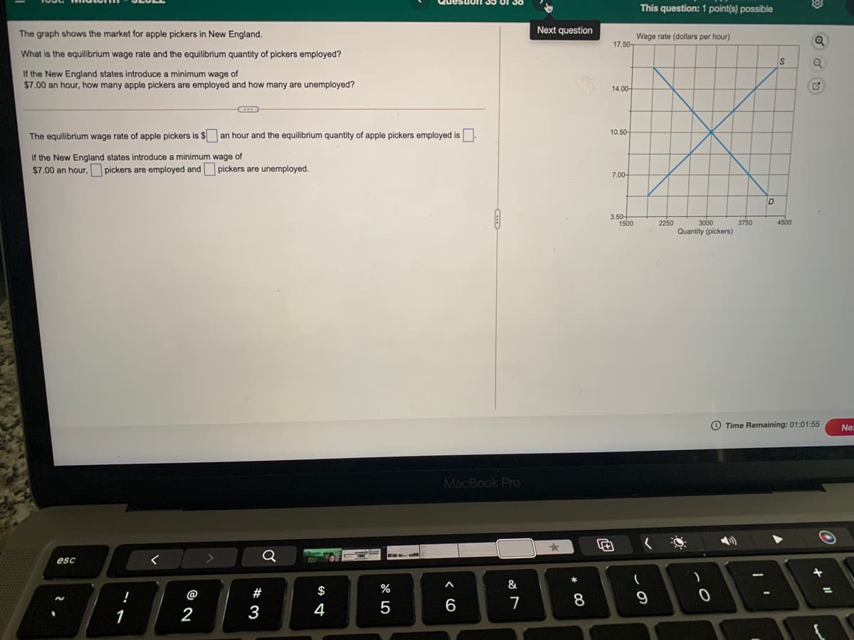 This question: 1 point(s) possible
The graph shows the market for apple pickers in New England.
Next question
Wage rate (dollars per hour)
17.50-
What is the equilibrium wage rate and the equilibrium quantity of pickers employed?
S
If the New England states introduce a minimum wage of
$7.00 an hour, how many apple pickers are employed and how many are unemployed?
14.00-
10.50-
The equilibrium wage rate of apple pickers is $ an hour and the equilibrium quantity of apple pickers employed is.
If the New England states introduce a minimum wage of
$7.00 an hour, pickers are employed and pickers are unemployed.
7.00-
3.50
1500
2250
3000
3750
Quantity (pickers)
4500
O Time Remaining: 01:01:55
Ne:
MacBook Pro
Q
esc
&
!
@
#
$
%
8
9
2
3
4
6.
1
