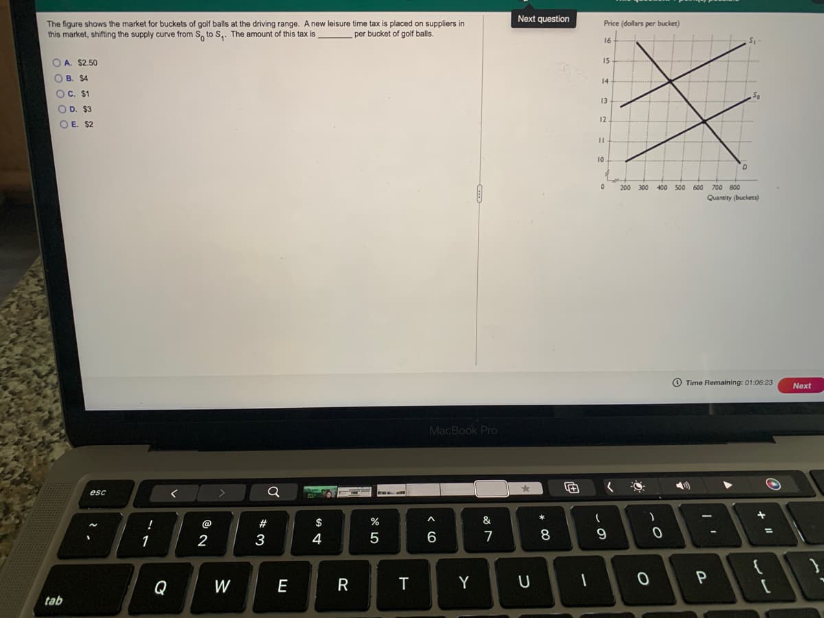 Next question
Price (dollars per bucket)
The figure shows the market for buckets of golf balls at the driving range. A new leisure time tax is placed on suppliers in
this market, shifting the supply curve from S, to S,. The amount of this tax is
per bucket of golf balls.
16
O A. $2.50
15
O B. $4
14
OC. $1
13
OD. $3
12
O E. $2
400 500 600 700 800
Quantity (buckets)
200 300
O Time Remaining: 01:06:23
Next
MacBook Pro
esc
@
#
$
%
&
1
2
3
4
7
8
Q
W
E
R
Y
P
tab
8 LO
