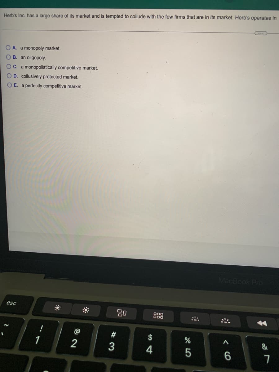 Herb's Inc. has a large share of its market and is tempted to collude with the few firms that are in its market. Herb's operates in
O A. a monopoly market.
B. an oligopoly.
OC. a monopolistically competitive market.
O D. collusively protected market.
O E. a perfectly competitive market.
MacBook PrO
esc
000
000
#
2
3
4
< CO
O O O
