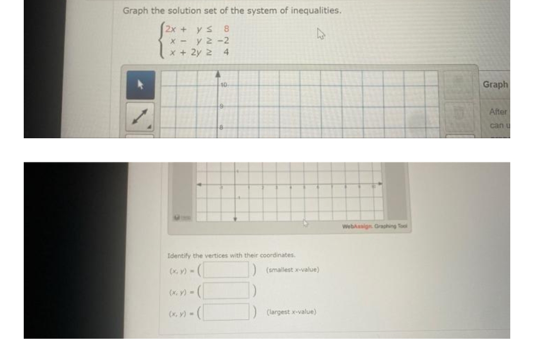 Graph the solution set of the system of inequalities.
{
2x + ys 8
x - y 2 -2
4
x + 2y 2
Graph
10
After
can u
Webkasign. Graphing Tool
Identify the vertices with their coordinates.
(x, v) - (
(smallest x-value)
(x, y) - (
(x, y) =
(largest x-value)
