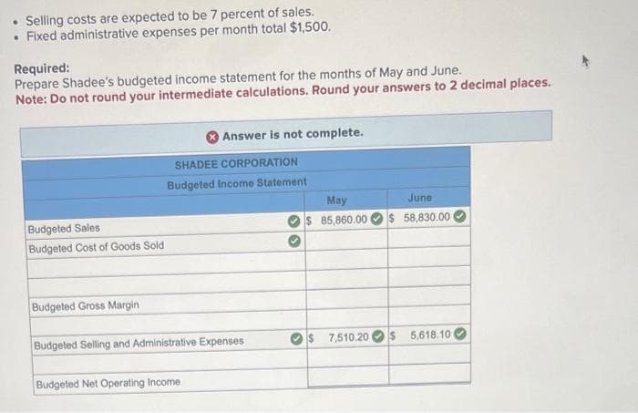 • Selling costs are expected to be 7 percent of sales.
• Fixed administrative expenses per month total $1,500.
Required:
Prepare Shadee's budgeted income statement for the months of May and June.
Note: Do not round your intermediate calculations. Round your answers to 2 decimal places.
Budgeted Sales
Budgeted Cost of Goods Sold
Budgeted Gross Margin
Answer is not complete.
SHADEE CORPORATION
Budgeted Income Statement
Budgeted Selling and Administrative Expenses
Budgeted Net Operating Income
May
June
$ 85,860.00 $ 58,830.00
$ 7,510.20 $ 5,618.10