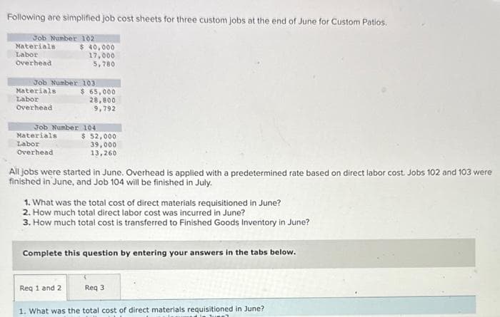 Following are simplified job cost sheets for three custom jobs at the end of June for Custom Patios.
Job Number 102
Materials
Labor
Overhead
Job Number 103
Materials
Labor
Overhead
Materials
$ 40,000
17,000
5,780
Job Number 104
Labor
Overhead
$ 65,000
28,800
9,792
$ 52,000
39,000
13,260
All jobs were started in June. Overhead is applied with a predetermined rate based on direct labor cost. Jobs 102 and 103 were
finished in June, and Job 104 will be finished in July.
Req 1 and 2
1. What was the total cost of direct materials requisitioned in June?
2. How much total direct labor cost was incurred in June?
3. How much total cost is transferred to Finished Goods Inventory in June?
Complete this question by entering your answers in the tabs below.
Req 3
1. What was the total cost of direct materials requisitioned in June?