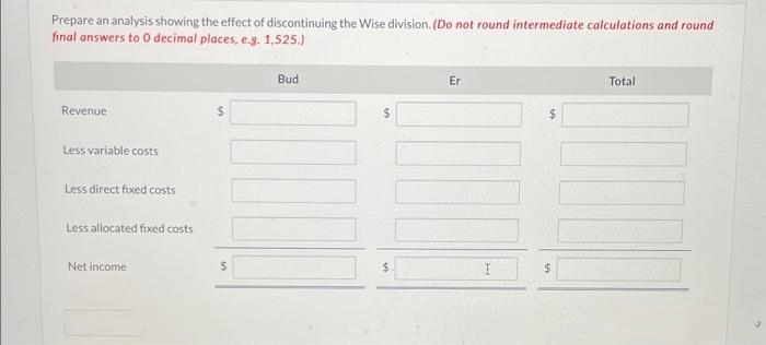 Prepare an analysis showing the effect of discontinuing the Wise division. (Do not round intermediate calculations and round
final answers to 0 decimal places, e.g. 1,525.)
Revenue
Less variable costs
Less direct fixed costs
Less allocated fixed costs
Net income
Bud
$
$
Er
I
$
Total