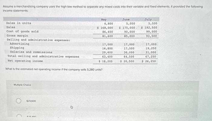 Assume a merchandising company uses the high-low method to separate any mixed costs into their variable and fixed elements. It provided the following
income statements:
Sales in units
Sales
Cost of goods sold
Gross margin
Selling and administrative expenses:
Advertising
Shipping
Salaries and commissions
Multiple Choice
Total selling and administrative expenses
Net operating income
What is the estimated net operating income if the company sells 5,280 units?
$20,600
May
4,800
$ 168,000
86,400
81,600
Se con
17,000
16,800
29,600
63,400
$ 18,200
June
5,000
$ 175,000
90,000
85,000
17,000
17,500
30,000
64,500
$ 20,500
July
5,500
$ 192,500
99,000
93,500
17,000
19,250
31,000
67,250
$26,250