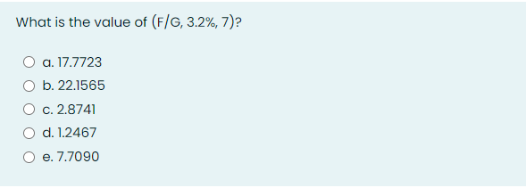 What is the value of (F/G, 3.2%, 7)?
O a. 17.7723
b. 22.1565
O c. 2.8741
d. 1.2467
e. 7.7090
