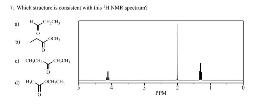 7. Which structure is consistent with this ¹H NMR spectrum?
a)
b)
H
CH₂CH3
O
c) CH3CH₂.
O
OCH3
O
CH₂CH3
d) H₂C, OCH₂CH3
PPM