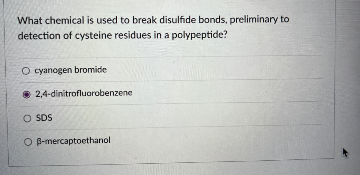 What chemical is used to break disulfide bonds, preliminary to
detection of cysteine residues in a polypeptide?
O cyanogen bromide
O 2,4-dinitrofluorobenzene
O SDS
O B-mercaptoethanol
