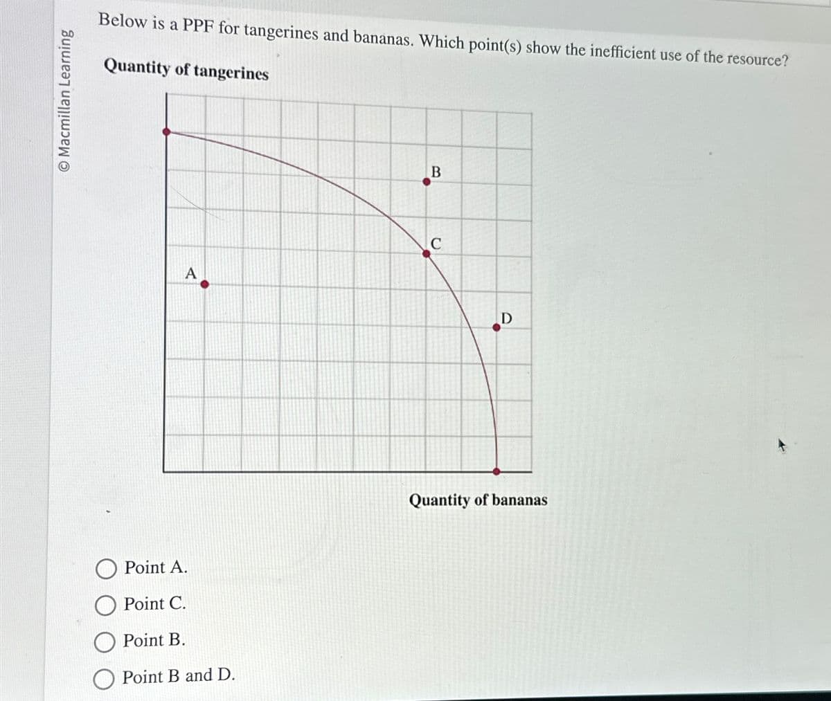 O Macmillan Learning
Below is a PPF for tangerines and bananas. Which point(s) show the inefficient use of the resource?
Quantity of tangerines
A
O Point A.
O Point C.
O Point B.
O Point B and D.
B
C
D
Quantity of bananas