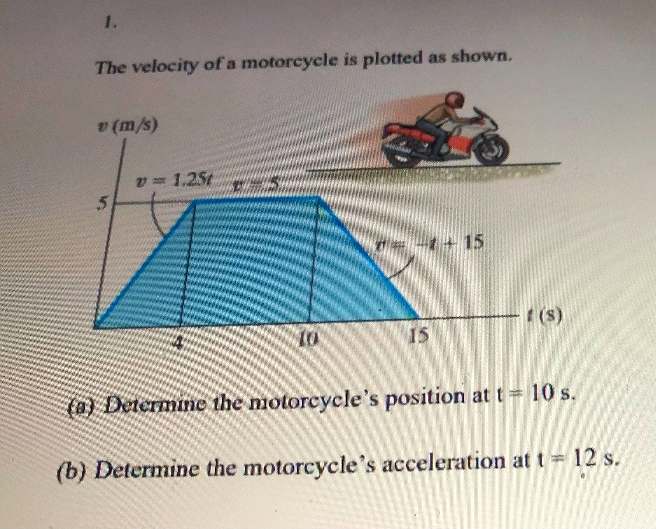 1.
The velocity of a motorcycle is plotted as shown.
v (m/s)
v 1,25t
15
(s)
15
(a) Determine the motorcycle's position at t= 10 s.
(b) Determine the motorcycle's acceleration at t = 12 s.
