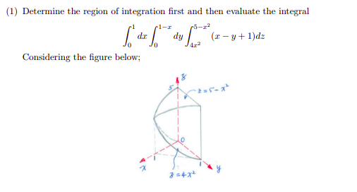 (1) Determine the region of integration first and then evaluate the integral
-1-r
dy
1. (2 - y+ 1)dz
4r2
Considering the figure below;
34x
