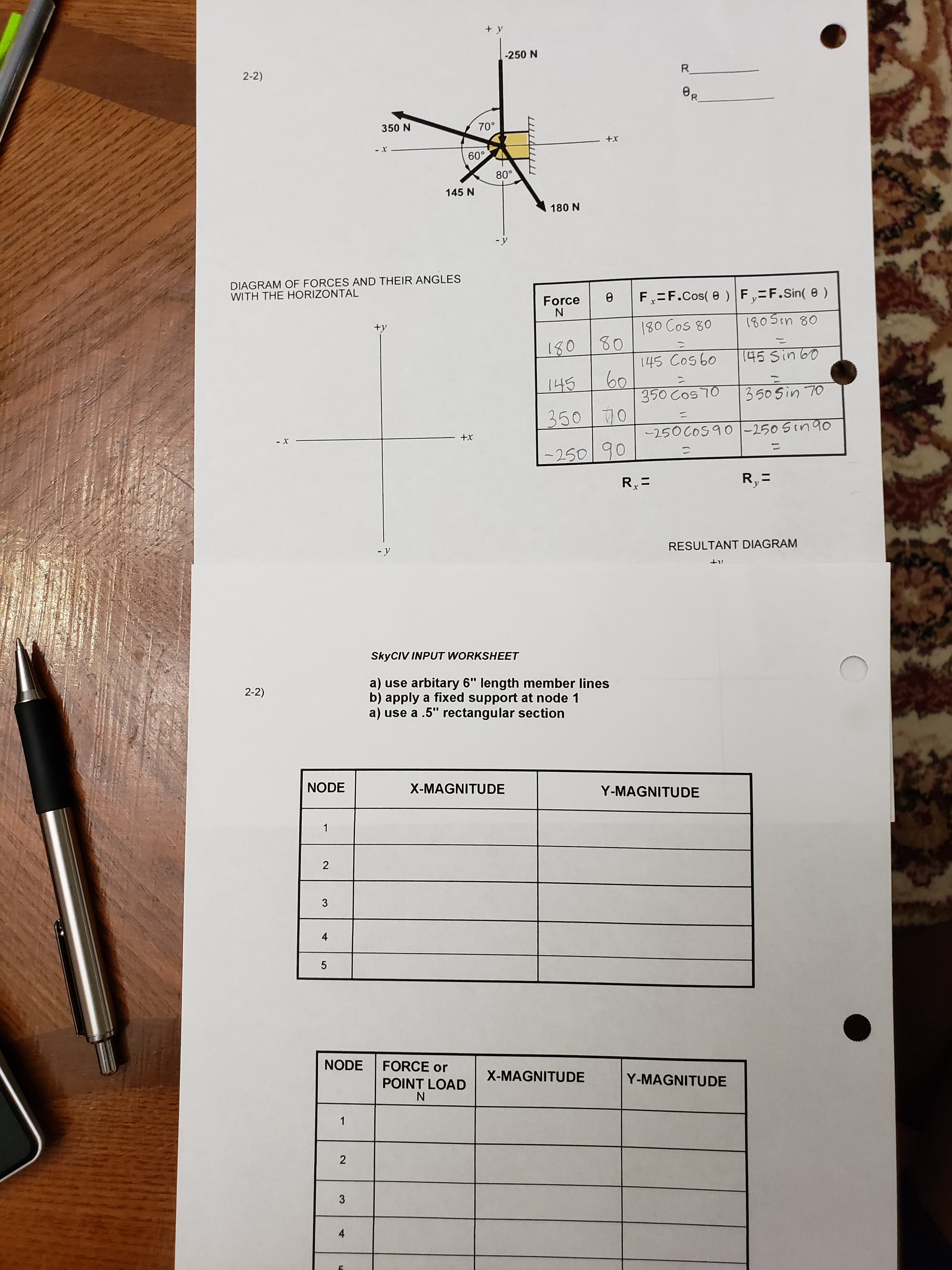 + y
-250 N
2-2)
R.
350 N
70°
- X
60°
80°
145 N
180 N
DIAGRAM OF FORCES AND THEIR ANGLES
WITH THE HORIZONTAL
Force
F,=F.Cos( e ) F,=F.Sin( 0 )
+y
180Sen 80
180 Cos 80
80
%3D
180
145 Sin 60
145 Cos60
60
350 Cos 70
145
350 Sin 70
35070
ニ
- X
-250 COS 9 0 |-250 Sing0
+x
-250 90
ニ
R =
R, =
х
- y
RESULTANT DIAGRAM
