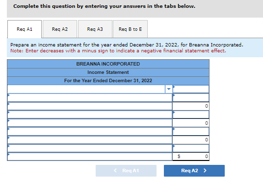 **Completing the Financial Statements for Breanna Incorporated**

This section provides a step-by-step guide for students to complete an income statement for Breanna Incorporated, for the year ended December 31, 2022. This exercise is designed to help students understand the components and preparation of an income statement.

### Steps to Prepare the Income Statement

1. **Enter the Company Information:**
   - The heading should include the company name (Breanna Incorporated), the statement name (Income Statement), and the specific period the statement covers (For the Year Ended December 31, 2022).

2. **Input Revenue Figures:**
   - Students need to enter total revenue for the year at the top of the statement. This figure represents all income earned by Breanna Incorporated from its business activities over the specified period.

3. **Enter Expenses:**
   - Under the revenue section, list all expenses incurred during the year. Expenses should be detailed under appropriate categories such as cost of goods sold, administrative expenses, selling expenses, etc.

4. **Calculate Operating Income:**
   - Subtract total expenses from total revenue to derive the operating income for the year. This figure indicates the company’s profitability from normal business operations.

5. **Adjust for Other Income and Expenses:**
   - Add any other sources of income that are not part of primary business operations (e.g., interest income). Also, subtract any other expenses or losses incurred.

6. **Compute Net Income:**
   - Sum all operating income and other income, then subtract other expenses to reach the net income figure. This value represents the company’s overall profitability for the year.

### Detailed Breakdown of Each Line Item

- **Total Revenue**: This field captures the sum of all sales or services provided by the company.
- **Cost of Goods Sold (COGS)**: Reflects the direct costs attributable to the production of goods sold by the company.
- **Gross Profit**: Calculated as Total Revenue minus COGS.
- **Operating Expenses**: Includes categories such as administrative expenses, marketing costs, etc.
- **Operating Income**: Determined by subtracting Operating Expenses from Gross Profit.
- **Other Income/Expenses**: Any additional income or losses that are not part of operational activities.
- **Net Income**: The final figure, calculated as Operating Income plus Other Income minus Other Expenses.

### Graphs or Diagrams

In this exercise template, no actual figures or graphs are provided.