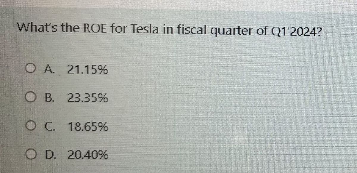 What's the ROE for Tesla in fiscal quarter of Q1'2024?
O A. 21.15%
OB. 23.35%
OC. 18.65%
OD. 20.40%