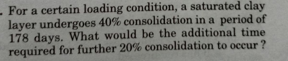 . For a certain loading condition, a saturated clay
layer undergoes 40% consolidation in a period of
178 days. What would be the additional time
required for further 20% consolidation to occur?