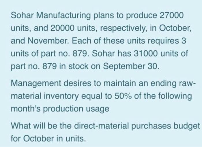 Sohar Manufacturing plans to produce 27000
units, and 20000 units, respectively, in October,
and November. Each of these units requires 3
units of part no. 879. Sohar has 31000 units of
part no. 879 in stock on September 30.
Management desires to maintain an ending raw-
material inventory equal to 50% of the following
month's production usage
What will be the direct-material purchases budget
for October in units.
