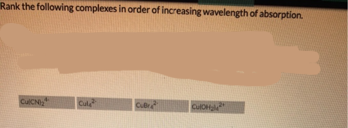 Rank the following complexes in order of increasing wavelength of absorption.
Cu(CN)₂
Cul2
CuBr2
Cu(OH₂2