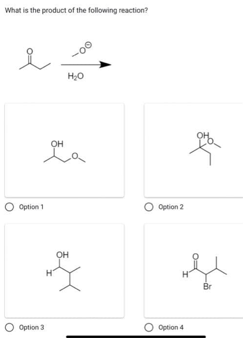 What is the product of the following reaction?
i
Option 1
OH
ona
Option 3
OO
OH
H₂O
Option 2
H
Option 4
Br