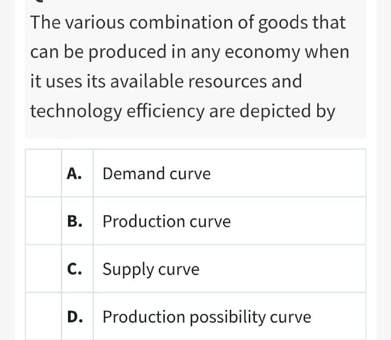 The various combination of goods that
can be produced in any economy when
it uses its available resources and
technology efficiency are depicted by
A. Demand curve
B. Production curve
C. Supply curve
D.
Production possibility curve
