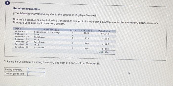 Required information
[The following information applies to the questions displayed below.]
Brianna's Boutique has the following transactions related to its top-selling Gucci purse for the month of October. Brianna's
Boutique uses a periodic inventory system.
Date
October 1
October 4
October 10
October 13
October 20
October 28
October 30
Transactiona
Beginning inventory
Sale
Purchase
Sale
Purchase
Sale
Purchase
Ending inventory
Cost of goods sold
Unita
6
4
5
4
Unit Cost
$860
870
880
890
Total Cost
$5,160
4,350
3,520
5,340
$18,370
2. Using FIFO, calculate ending inventory and cost of goods sold at October 31.