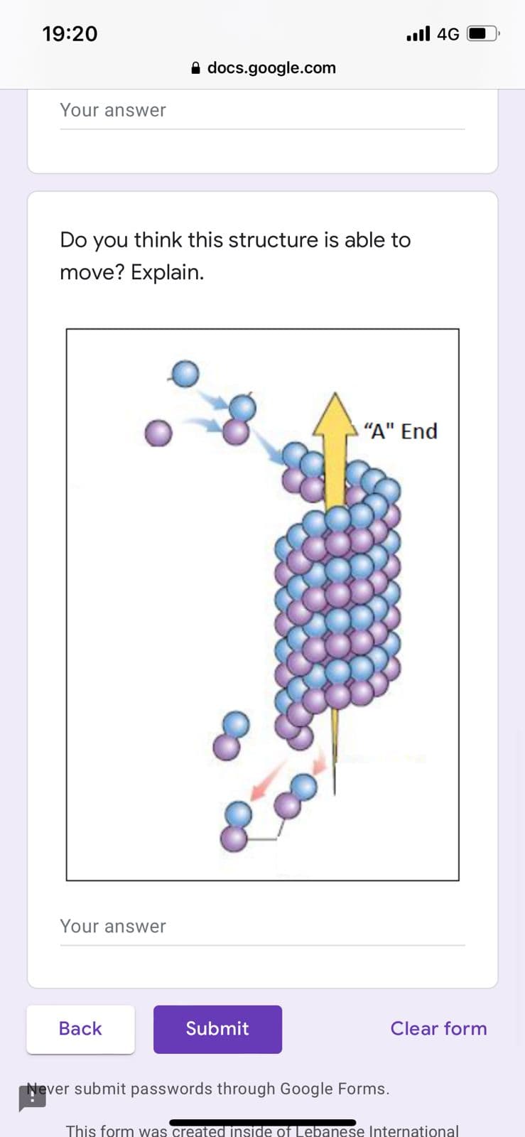 19:20
.ul 4G
A docs.google.com
Your answer
Do you think this structure is able to
move? Explain.
"Α" End
Your answer
Вack
Submit
Clear form
ever submit passwords through Google Forms.
This form was createdinside of Lebanese International
