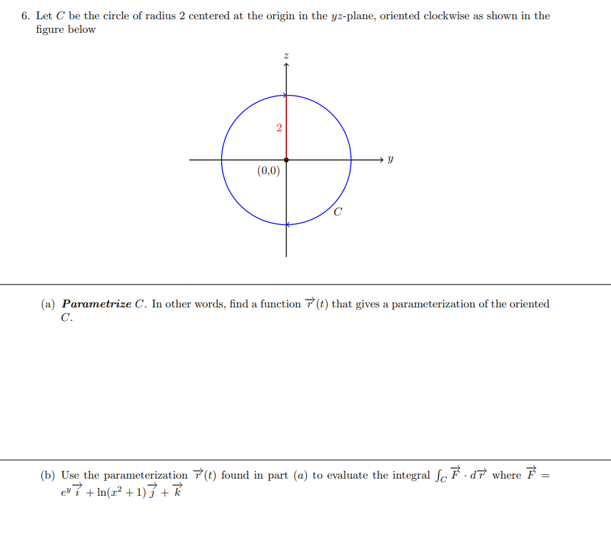 6. Let C be the circle of radius 2 centered at the origin in the yz-plane, oriented clockwise as shown in the
figure below
2
(0,0)
2
с
Y
(a) Parametrize C. In other words, find a function 7(t) that gives a parameterization of the oriented
C.
=
(b) Use the parameterization 7(t) found in part (a) to evaluate the integral · d7 where F =
e³+ln(x² +1) 7 + 7