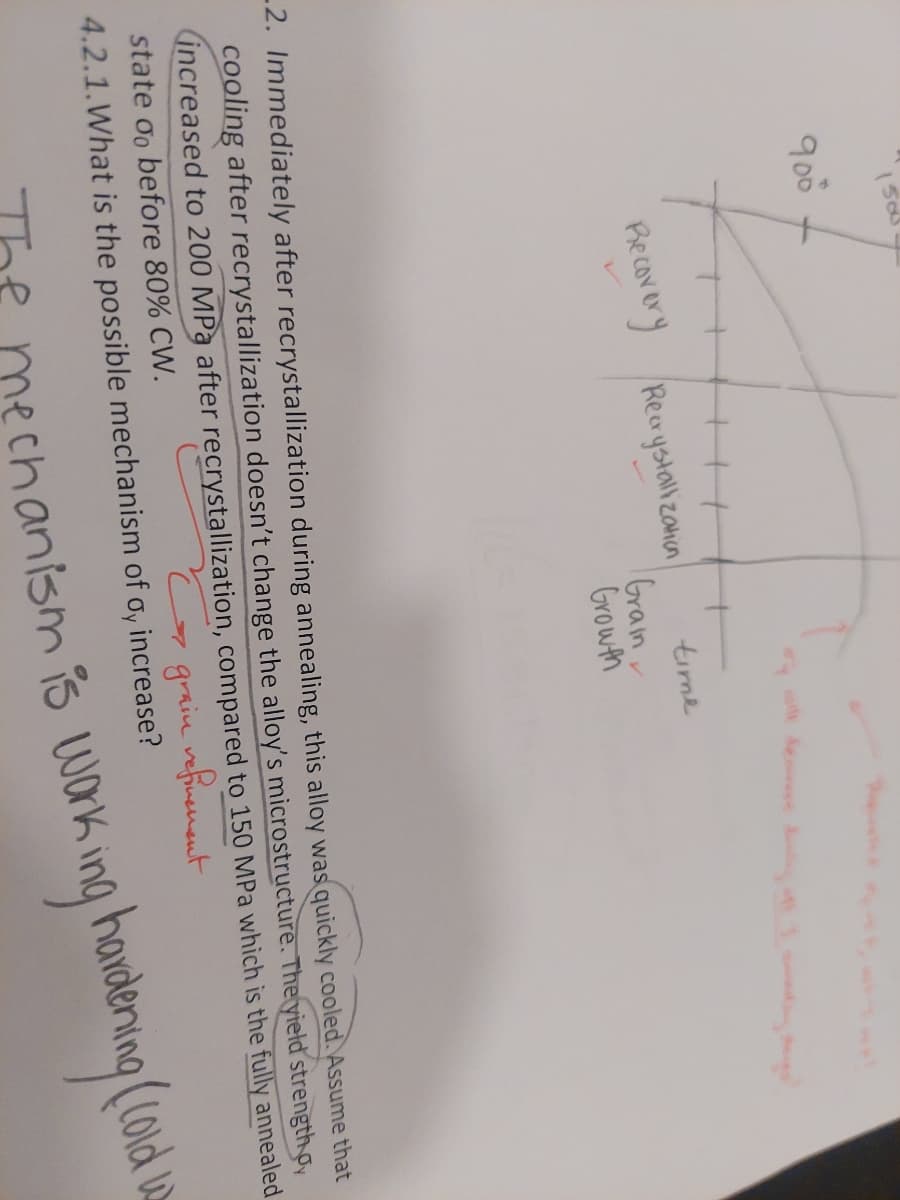 503
90⁰⁰
Recovery Recrystallization
Grain
Growth
o dese d
time
-2. Immediately after recrystallization during annealing, this alloy was quickly cooled. Assume that
cooling after recrystallization doesn't change the alloy's microstructure. The yield strength oy
increased to 200 MPa after recrystallization, compared to 150 MPa which is the fully annealed
state do before 80% CW.
4.2.1. What is the possible mechanism of oy
→ grain refinement
increase?
The mechanism is working hardening (cold w