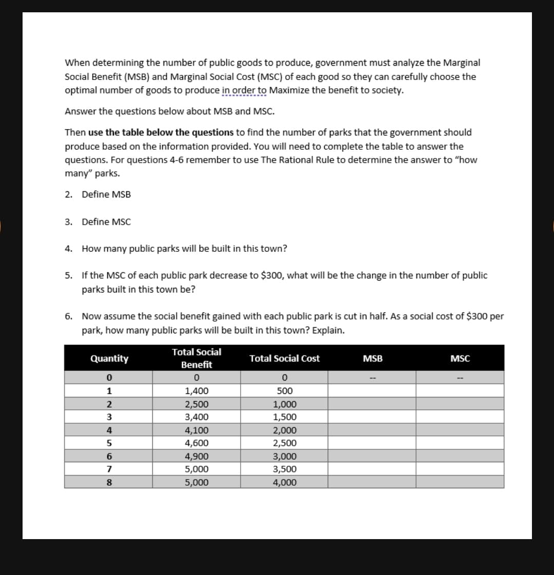 When determining the number of public goods to produce, government must analyze the Marginal
Social Benefit (MSB) and Marginal Social Cost (MSC) of each good so they can carefully choose the
optimal number of goods to produce in order to Maximize the benefit to society.
Answer the questions below about MSB and MSC.
Then use the table below the questions to find the number of parks that the government should
produce based on the information provided. You will need to complete the table to answer the
questions. For questions 4-6 remember to use The Rational Rule to determine the answer to "how
many" parks.
2. Define MSB
3. Define MSC
4. How many public parks will be built in this town?
5. If the MSC of each public park decrease to $300, what will be the change in the number of public
parks built in this town be?
6. Now assume the social benefit gained with each public park is cut in half. As a social cost of $300 per
park, how many public parks will be built in this town? Explain.
Total Social
Quantity
Total Social Cost
MSB
MSC
Benefit
1
1,400
500
2,500
1,000
3,400
1,500
4
4,100
2,000
4,600
4,900
5
2,500
3,000
3,500
6
7
5,000
8
5,000
4,000
