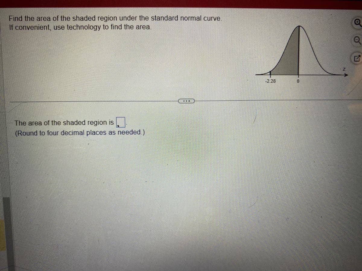 Find the area of the shaded region under the standard normal curve.
If convenient, use technology to find the area.
The area of the shaded region is
(Round to four decimal places as needed.)
ELE
O
G