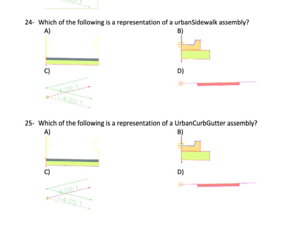 24- Which of the following is a representation of a urbanSidewalk assembly?
A)
B)
C)
D)
400:1.
+4.00:1.
25- Which of the following is a representation of a UrbanCurbGutter assembly?
A)
B)
400:1.
-4.00:1
C)
D)