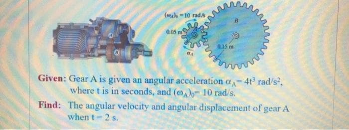 ()o =10 radAs
B.
0.05 m
0.15 m
Given: Gear A is given an angular acceleration a-4t rad/s²,
where t is in seconds, and (o= 10 rad/s.
Find: The angular velocity and angular displacement of gear A
when t-2 s.
