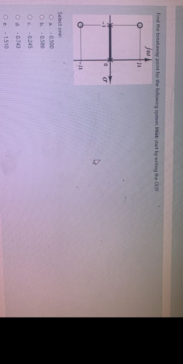 Find the breakaway point for the following system. Hint: start by writing the OLTF
jw
IS
Select one:
O a. -0.500
O b. - 0.586
O c. -0.245
O d.
-0.743
O e. - 1.510
j1
0
-j1
ar