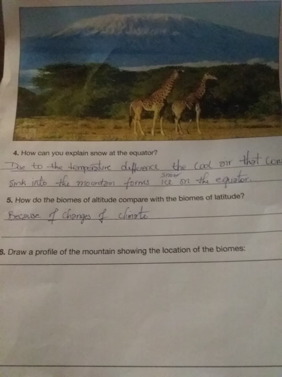 that con
4. How can you explain snow at the equator?
Die to -the tenpenture diffurence the Cool Dir
Smk into the mountan forms ice on the equalor.
Snow
5. How do the biomes of altitude compare with the biomes of latitude?
Because f changer f climete
6. Draw a profile of the mountain showing the location of the biomes:
