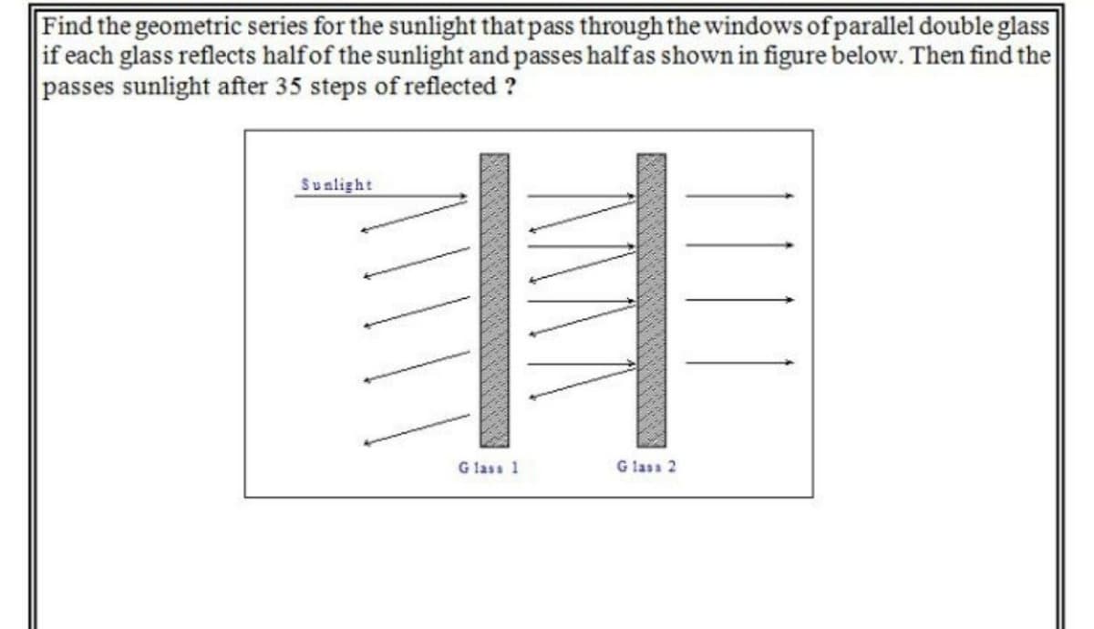 Find the geometric series for the sunlight that pass through the windows ofparallel double glass
if each glass reflects halfof the sunlight and passes halfas shown in figure below. Then find the
passes sunlight after 35 steps of reflected ?
Sualight
G lass 1
G lass 2
