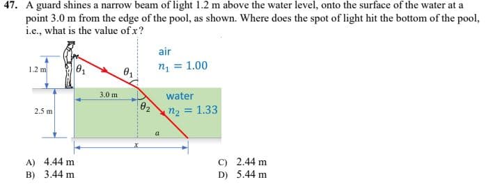 47. A guard shines a narrow beam of light 1.2 m above the water level, onto the surface of the water at a
point 3.0 m from the edge of the pool, as shown. Where does the spot of light hit the bottom of the pool,
i.e., what is the value of x?
air
1.2 m
m₁ = 1.00
0₁
water
n₂ = 1.33
2.5 m
A) 4.44 m
B) 3.44 m
3.0 m
0₂
C)
D)
2.44 m
5.44 m