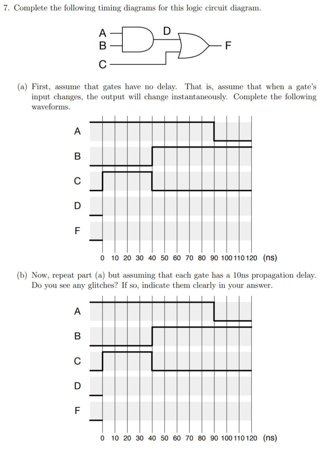 7. Complete the following timing diagrams for this logic circuit diagram.
D
C-
(a) First, assume that gates have no delay. That is, assume that when a gate's
input changes, the output will change instantaneously. Complete the following
waveforms.
O 10 20 30 40 50 60 70 80 90 100 110 120 (ns)
(b) Now, repeat part (a) but assuming that each gate has a 10ns propagation delay.
Do you see any glitches? If so, indicate them clearly in your answer.
D
O 10 20 30 40 50 60 70 80 90 100 110 120 (ns)
