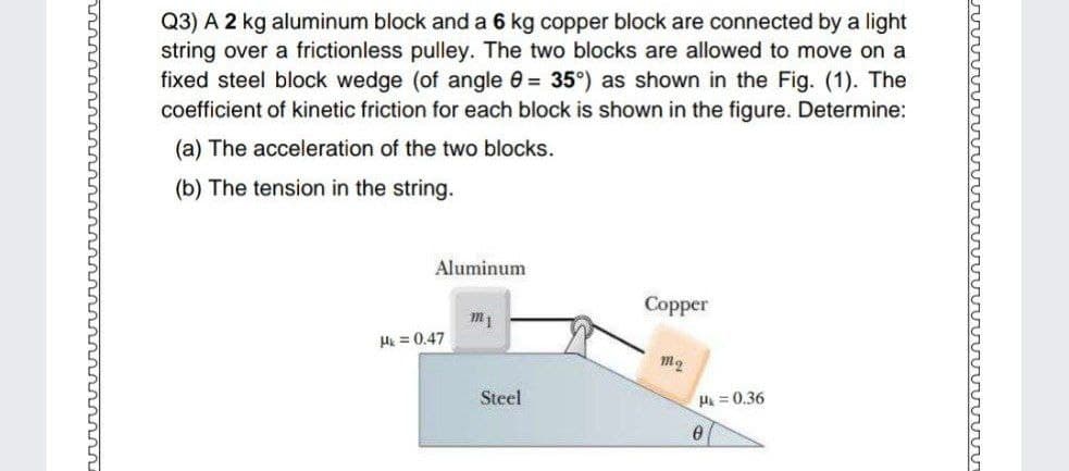 Q3) A 2 kg aluminum block and a 6 kg copper block are connected by a light
string over a frictionless pulley. The two blocks are allowed to move on a
fixed steel block wedge (of angle 0 = 35°) as shown in the Fig. (1). The
coefficient of kinetic friction for each block is shown in the figure. Determine:
(a) The acceleration of the two blocks.
(b) The tension in the string.
Aluminum
Сopper
m1
H = 0.47
Steel
H = 0.36
