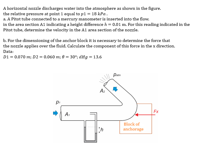 A horizontal nozzle discharges water into the atmosphere as shown in the figure.
the relative pressure at point 1 equal to p1 = 18 kPa.
a. A Pitot tube connected to a mercury manometer is inserted into the flow.
in the area section A1 indicating a height difference h = 0.01 m. For this reading indicated in the
Pitot tube, determine the velocity in the A1 area section of the nozzle.
b. For the dimensioning of the anchor block it is necessary to determine the force that
the nozzle applies over the fluid. Calculate the component of this force in the x direction.
Data:
D1 = 0.070 m; D2 = 0.060 m; 0 = 30°; dHg = 13.6
Patm
A2
pi
Fx
A1
Block of
anchorage
