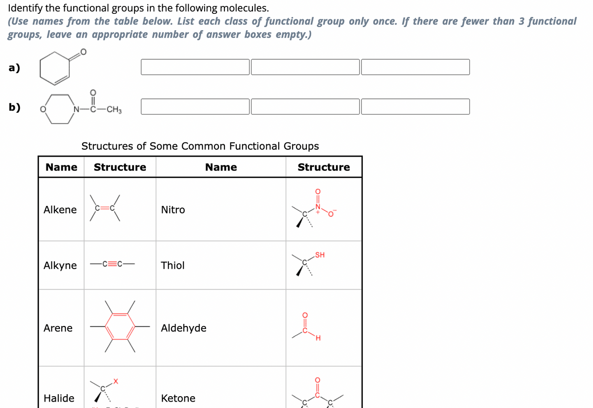 Identify the functional groups in the following molecules.
(Use names from the table below. List each class of functional group only once. If there are fewer than 3 functional groups, leave an appropriate number of answer boxes empty.)

**a)** (Image of a molecule with a hexagonal ring and a double-bonded oxygen)

[Text Boxes]

**b)** (Image of a molecule with a hexagonal ring, bonded to an oxygen-carbon chain)

[Text Boxes]

**Structures of Some Common Functional Groups:**

| Name      | Structure                                                                                  | Name      | Structure                                                                    |
|-----------|--------------------------------------------------------------------------------------------|-----------|------------------------------------------------------------------------------|
| Alkene    | ![Alkene Structure](path_to_alkene_image)                                                  | Nitro     | ![Nitro Structure](path_to_nitro_image)                                      |
| Alkyne    | ![Alkyne Structure](path_to_alkyne_image)                                                  | Thiol     | ![Thiol Structure](path_to_thiol_image)                                      |
| Arene     | ![Arene Structure](path_to_arene_image)                                                    | Aldehyde  | ![Aldehyde Structure](path_to_aldehyde_image)                                |
| Halide    | ![Halide Structure](path_to_halide_image)                                                  | Ketone    | ![Ketone Structure](path_to_ketone_image)                                    |

**Explanation of Graphs/Diagrams:**

- **Arene Structure:** Represents a benzene ring with alternating double bonds (hexagonal shape with three double bonds).
- **Ketone Structure:** Depicts a carbon atom double-bonded to an oxygen atom (C=O) within a carbon chain.
- **Alkene Structure:** Shows a carbon-carbon double bond (C=C) within a carbon chain.
- **Alkyne Structure:** Illustrates a carbon-carbon triple bond (C≡C) within a carbon chain.
- **Nitro Structure:** Consists of a nitrogen atom bonded to two oxygen atoms, one with a double bond (N=O) and one with a single bond (N–O^-) and an additional O atom single bonded to the nitrogen with a negative charge.
- **Thiol Structure:** Displays a sulfur atom bonded to a hydrogen atom (–SH).
- **Aldehyde Structure:** Features a carbon atom double-bonded to an oxygen atom (C=O) and single